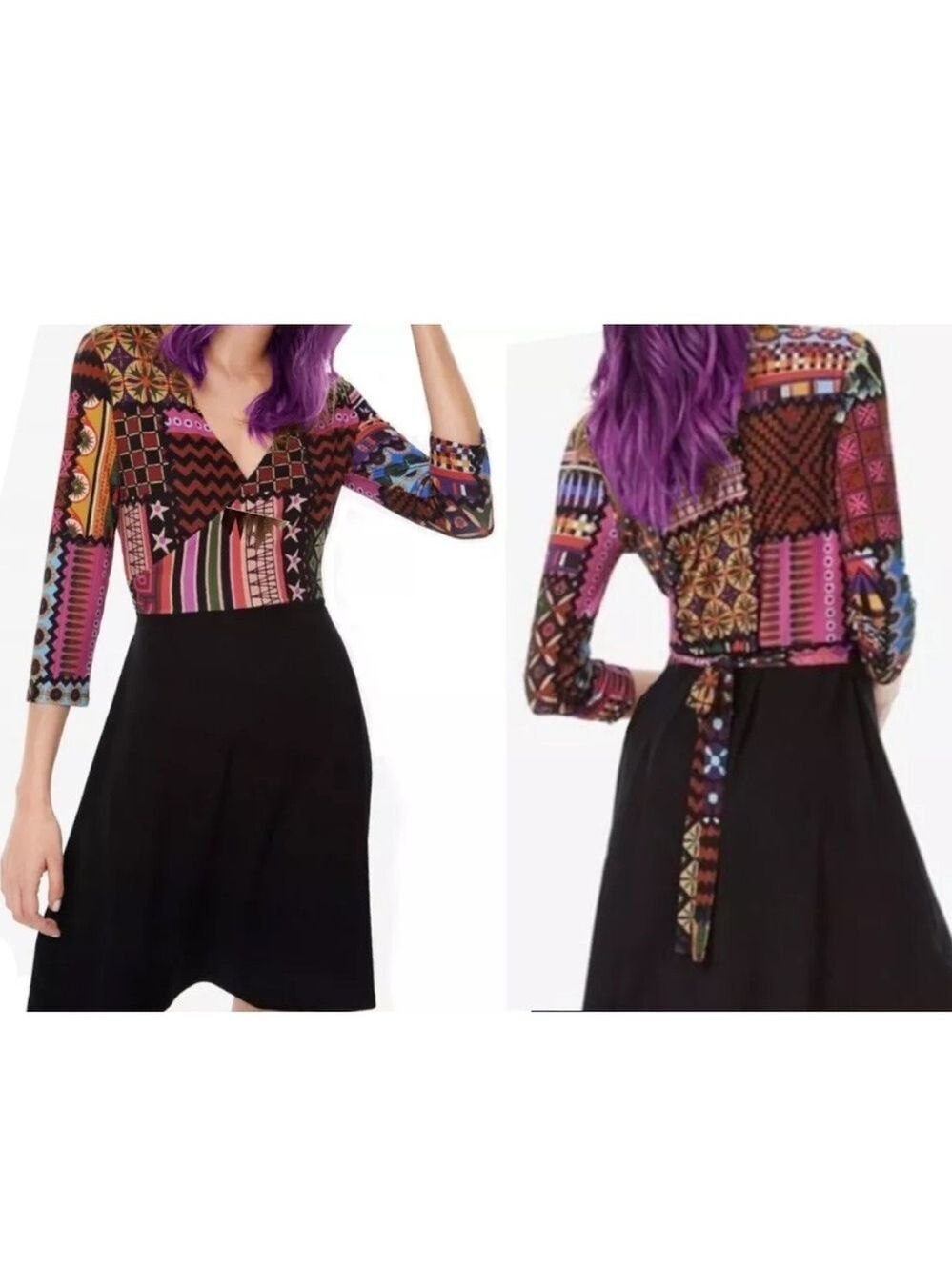 Desigual Pink and Black A-Line Dress with Plunge Neckline